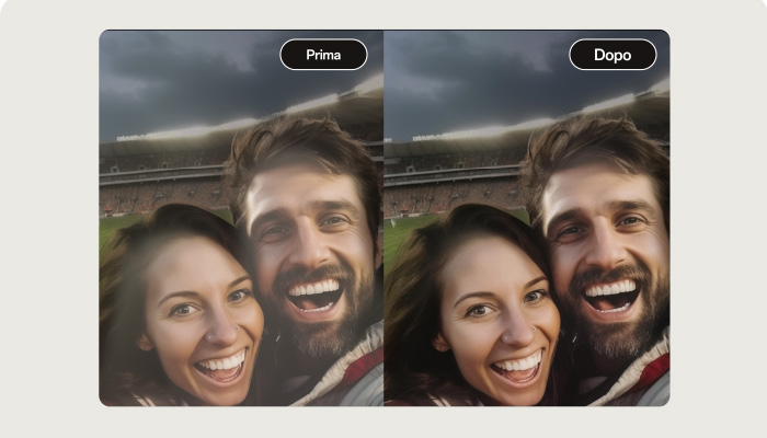 Due immagini affiancate mostrano una coppia sorridente con un paesaggio sfocato sullo sfondo. Sopra, le etichette "Prima" e "Dopo" indicano un confronto.