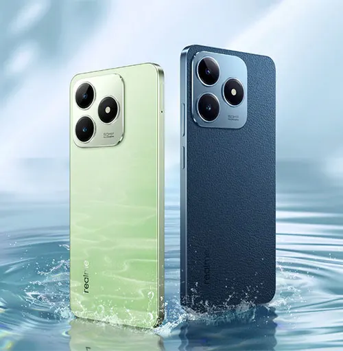 Due smartphone, uno verde chiaro e uno blu, con tre fotocamere posteriori, immersi in acqua.