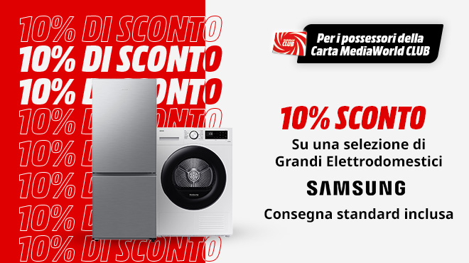 Offerta: frigorifero e lavatrice Samsung con sconto del 10%. Sfondo rosso con testo "10% di sconto".