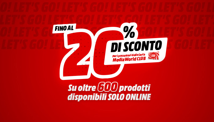 Sfondo rosso con testo bianco che indica "Fino al 20% di sconto" e "Su oltre 600 prodotti disponibili SOLO ONLINE".