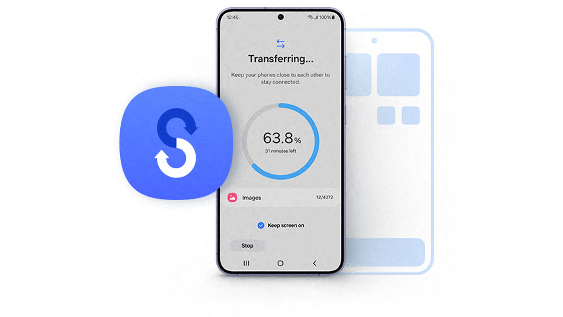 Trasferimento dati su smartphone. Icona blu con freccia bianca. Schermata al 63.8%, con scritta "31 minuti rimanenti".