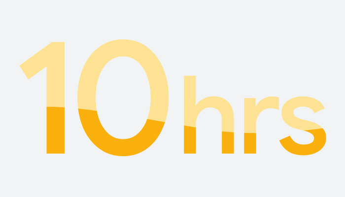 Testo giallo "10 ore" su sfondo bianco.