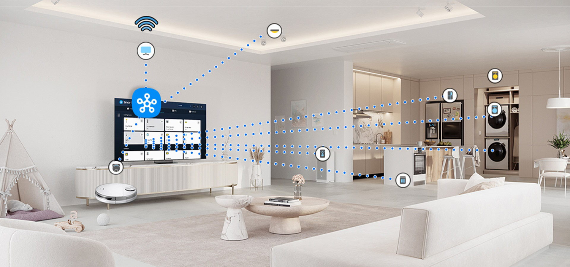 Soggiorno moderno con TV, divano bianco, cucina aperta e elettrodomestici collegati tramite punti blu.