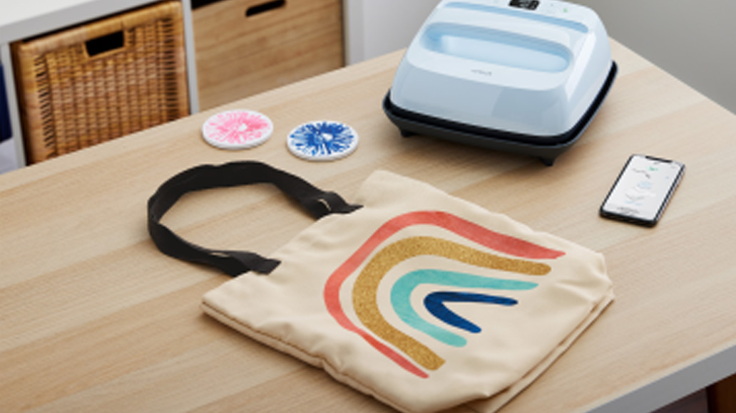 Borsa di tela con arcobaleno, pressa termica bianca, cellulare e sottobicchieri su un tavolo di legno chiaro. In secondo piano, cesti di vimini.