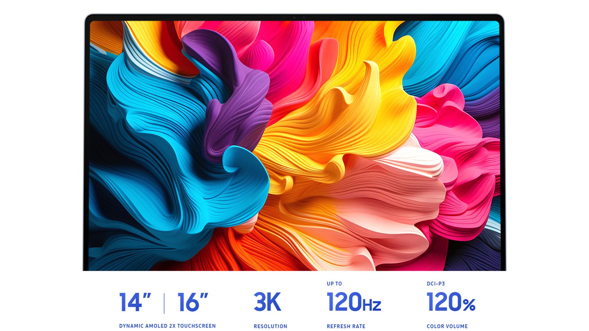 Schermo di tablet con sfondo astratto dai colori vivaci, come giallo, rosa, viola e blu. In basso, scritte bianche con specifiche tecniche.