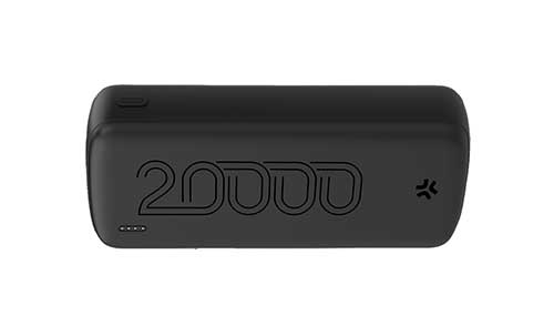 Batteria esterna nera con la scritta "20000" in rilievo e indicatori LED su sfondo bianco.