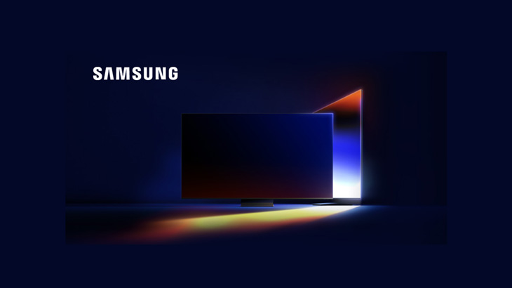 TV Samsung su fondo blu scuro