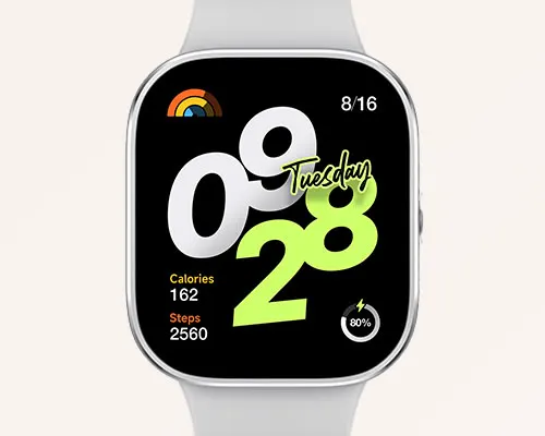 Orologio digitale con quadrante nero che indica data 9/28, giorno della settimana, passi, calorie e livello della batteria.