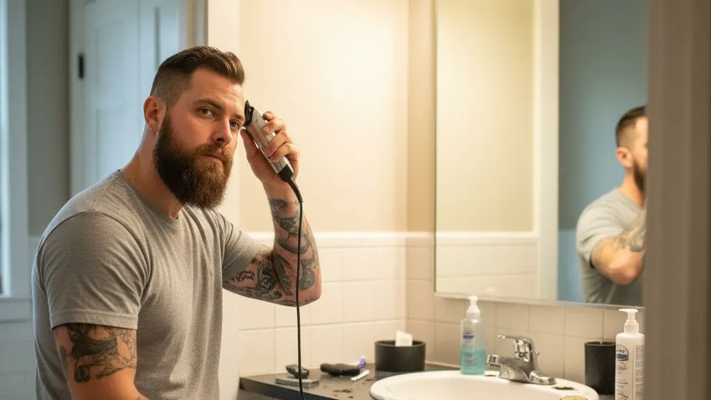 uomo che si taglia i capelli con un tagliacapelli