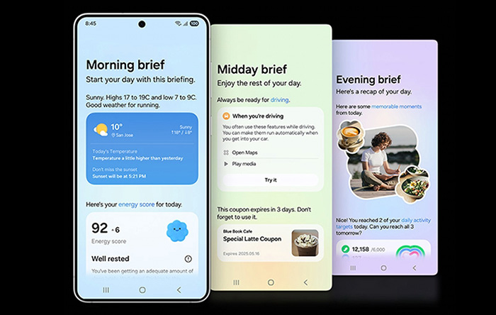 Tre smartphone mostrano le schermate "Mattina", "Mezzogiorno" e "Sera" che riepilogano le attività giornaliere dell'utente.