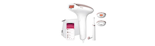 Dispositivo bianco per epilazione con accessori su sfondo bianco. Sono visibili pulsanti e una piccola area dello schermo colorata.