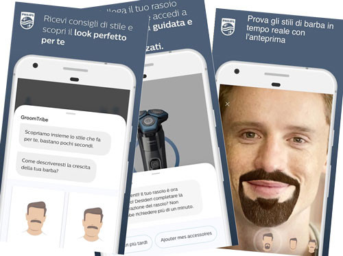 Tre smartphone mostrano l'app Philips: consigli di stile, rasoio e stili di barba in tempo reale.