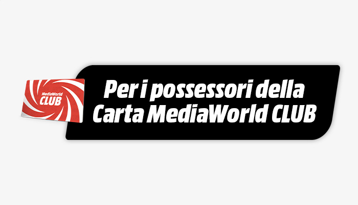 Carta MediaWorld Club rossa e bianca accanto a scritta bianca su sfondo nero: "Per i possessori della Carta MediaWorld CLUB".