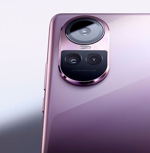 Vista ravvicinata di un telefono viola con modulo fotocamera nero.