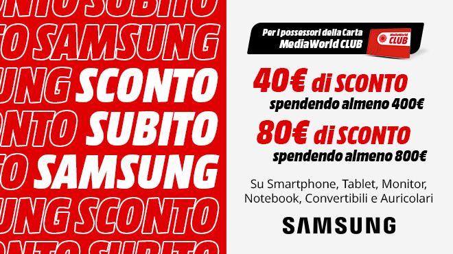 Sconto Samsung: 40�  spendendo 400� , 80�  spendendo 800�  su smartphone, tablet, monitor, notebook e auricolari.
