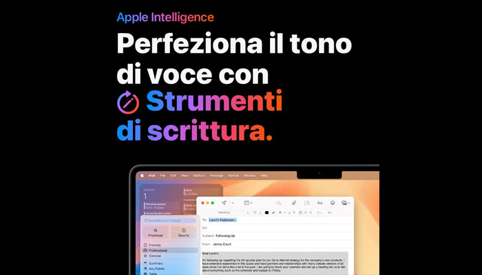 Un’email aperta nell’app Mail, con del testo evidenziato e la funzione Strumenti di scrittura di Apple Intelligence attiva: sono aperte le opzioni di riscrittura ed è selezionato un tono professionale.