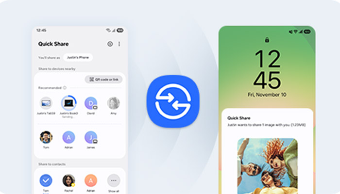 Ecco tre schermate di uno smartphone che mostrano l'interfaccia utente di Quick Share. Presenta opzioni per la condivisione di file.