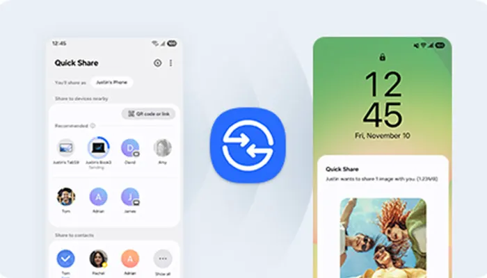 Ecco tre schermate di uno smartphone che mostrano l'interfaccia utente di Quick Share. Presenta opzioni per la condivisione di file.