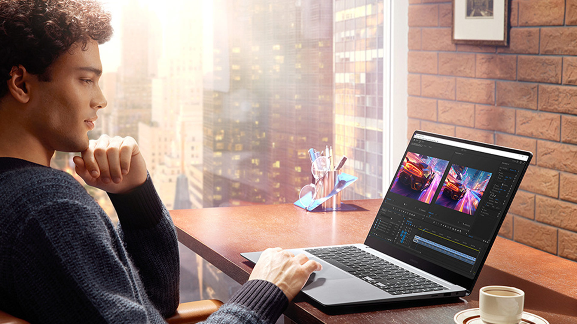 Un uomo lavora su un laptop su un tavolo di legno; sullo schermo del laptop sono visibili immagini di automobili e una timeline di editing video.