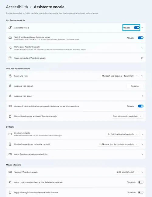 Interfaccia impostazioni "Accessibilit�" con opzioni "Assistente vocale" impostate su "Attivato". Menu con varie impostazioni e voci.