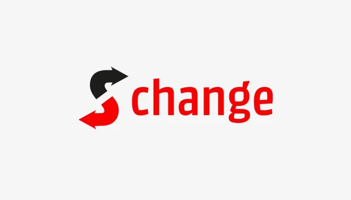 Logo "Schange" su sfondo bianco. La "S" è formata da frecce nere e rosse. Il resto del testo è in rosso.