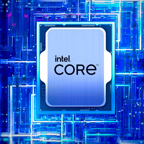 Processore Intel CORE su sfondo blu con schemi circuitali. Il logo Intel � in alto a sinistra.