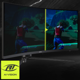 schermo curvato mag con nello sfondo un personaggio di un video gioco girato di schiena