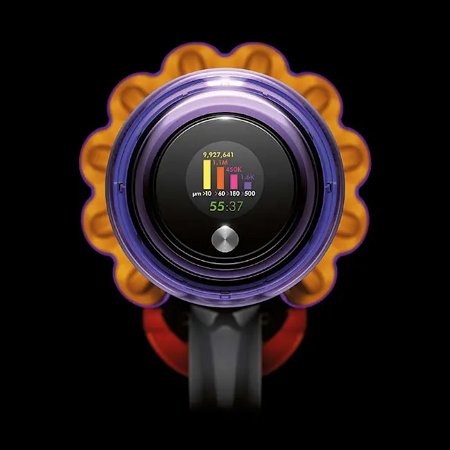 Aspirapolvere con display digitale che mostra dati e un timer. L'esterno � giallo e viola, con manico grigio e rosso.