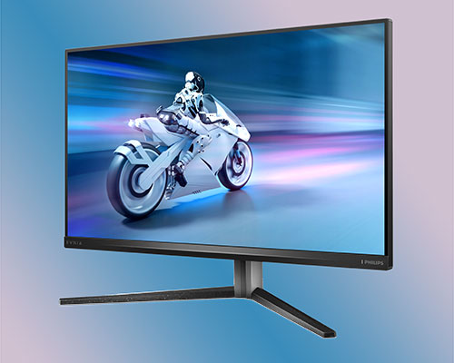 Schermo nero su supporto grigio a forma di V. Lo schermo visualizza una moto bianca su sfondo blu.