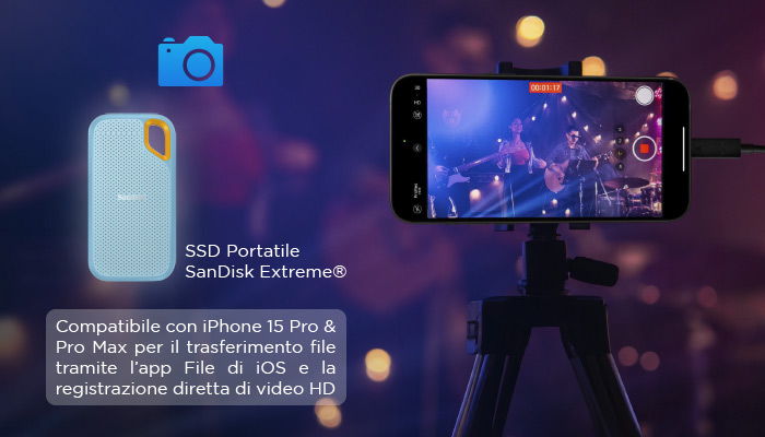 Un SSD portatile e un'icona di una fotocamera blu sono a sinistra. Uno smartphone su un treppiede riprende una band sul palco.