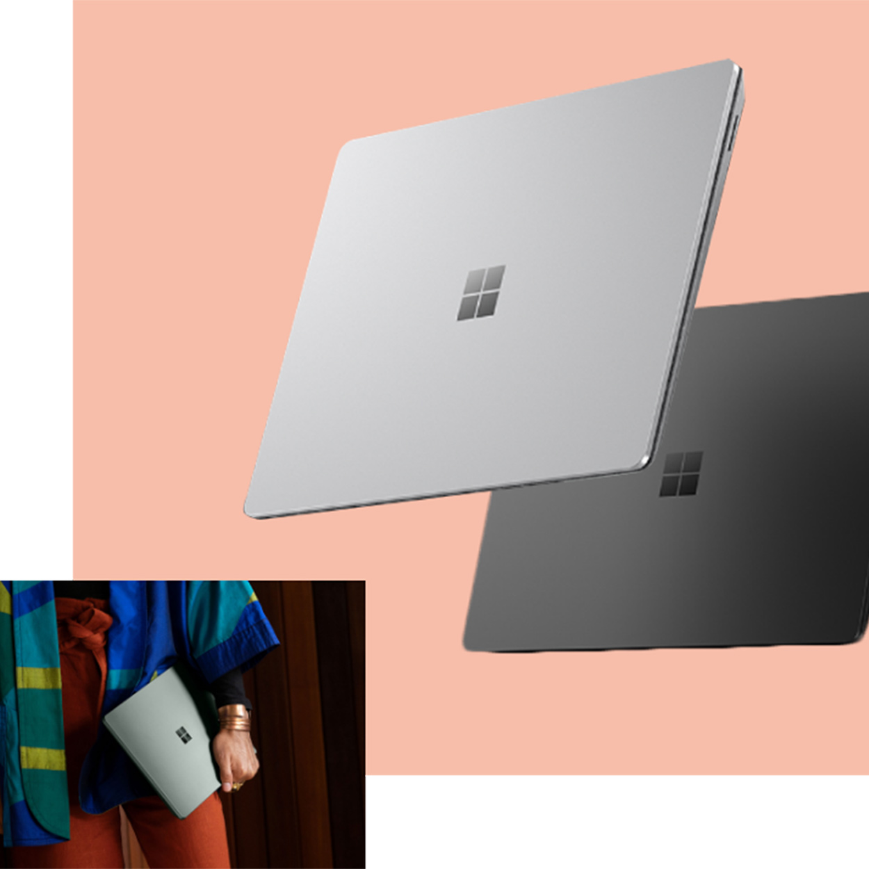 Due computer portatili, uno grigio chiaro in primo piano e uno grigio scuro sullo sfondo, su sfondo rosa. Inserito un computer portatile tenuto in mano.