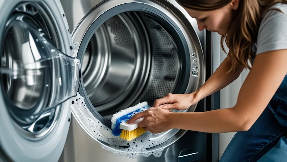Ragazza pulisce oblò lavatrice con una spazzola e sapone.