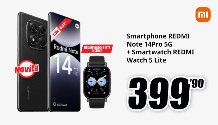 Due smartphone Redmi affiancati e uno smartwatch nero, con prezzo promozionale in evidenza.