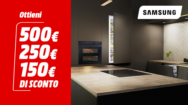 una cucina con elettrodomestici samsung e vicino info sugli sconti
