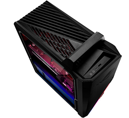 Un computer desktop nero con un pannello laterale trasparente che mostra componenti interni illuminati in rosso e blu.