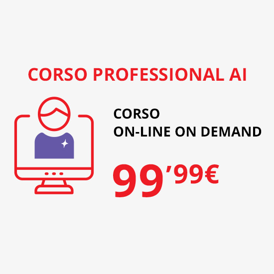 Grafica promozionale di un corso AI online a 99,99€ con un'icona di persona su uno schermo. Testo rosso su sfondo bianco.