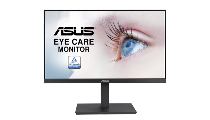Monitor ASUS nero con schermo che mostra un occhio e la scritta "Eye Care Monitor". Ha base rettangolare.