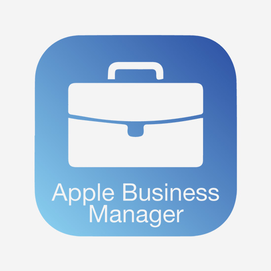 Icona di Apple Business Manager: cartella bianca su sfondo blu sfumato. Testo: "Apple Business Manager".