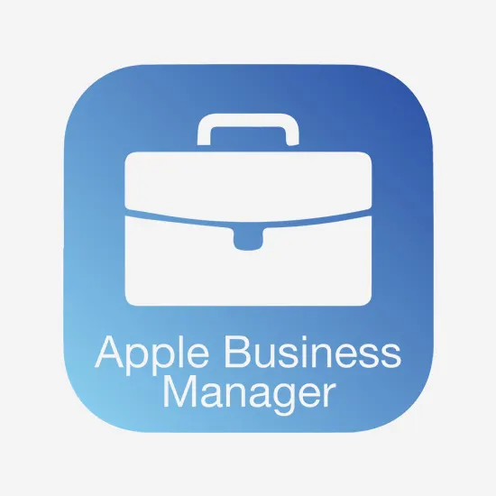 Icona di Apple Business Manager: cartella bianca su sfondo blu sfumato. Testo: "Apple Business Manager".
