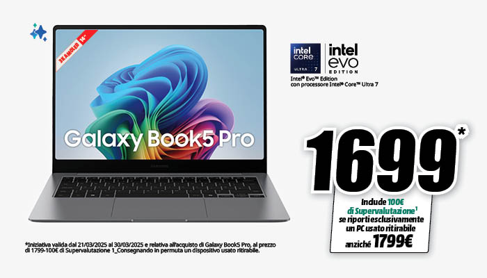 Laptop Galaxy Book5 Pro su fondo bianco, con prezzo promozionale di 1699 euro. Sullo schermo, immagine astratta multicolore.