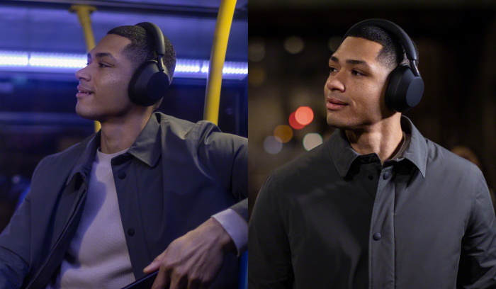 Uomo con cuffie nere su un autobus e in citt�. Indossa una camicia grigia su una maglietta chiara.