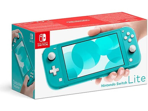 Scatola di Nintendo Switch Lite turchese, con console in mano. Logo Nintendo Switch rosso e bianco visibile.