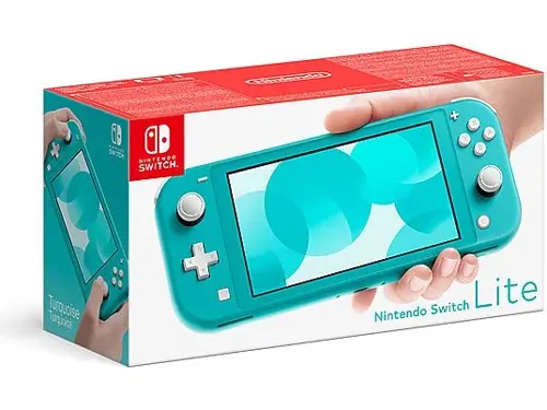 Scatola di Nintendo Switch Lite turchese, con console in mano. Logo Nintendo Switch rosso e bianco visibile.