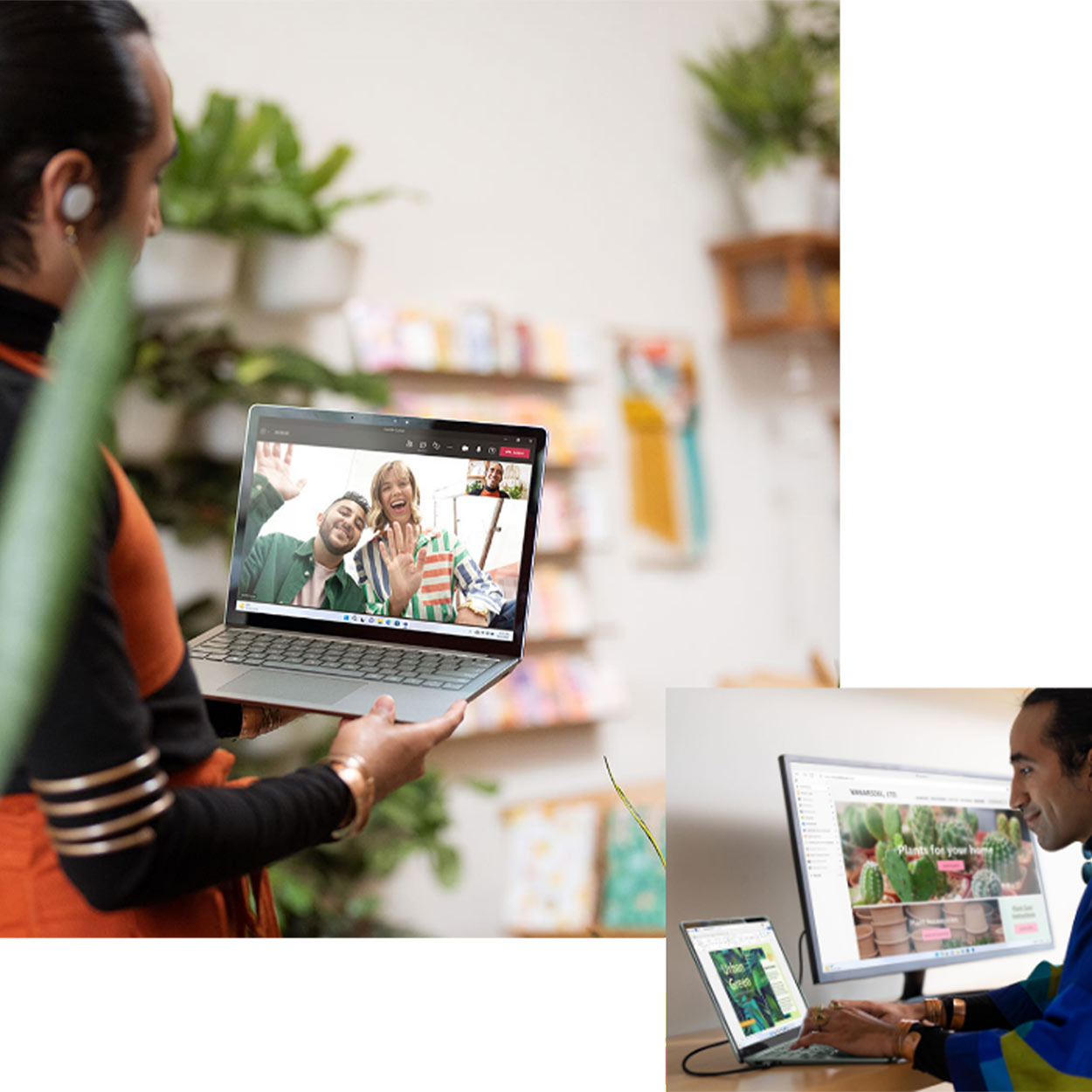 Uomo con portatile in videochiamata, sfondo con scaffali e piante. In basso a destra, monitor con sito web di piante.