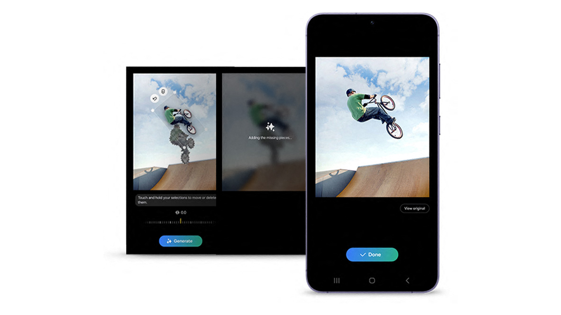 Schermata di modifica foto su smartphone: persona in bici su rampa con cielo nuvoloso. Opzioni "Genera" e "Fatto".