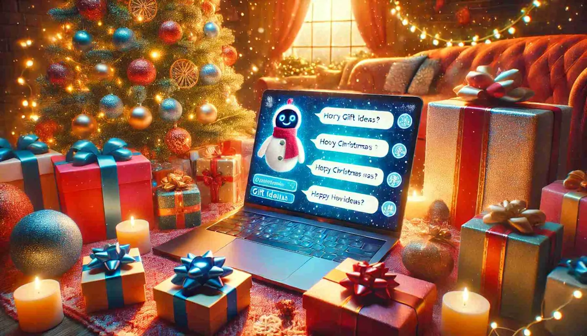 Un computer portatile mostra messaggi di auguri tra regali, candele e un albero di Natale decorato.