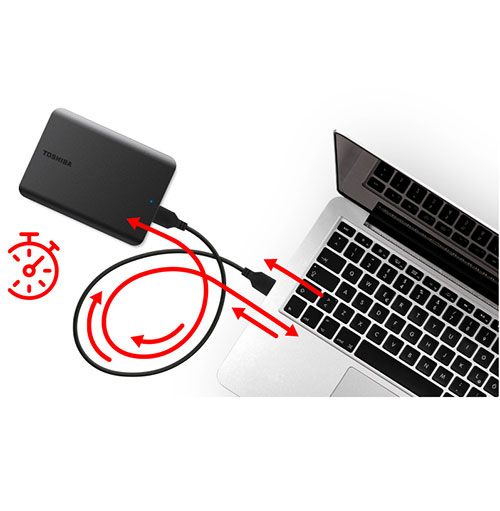 Disco rigido nero collegato a un laptop tramite cavo USB; un'icona di un orologio rosso mostra il trasferimento dati.
