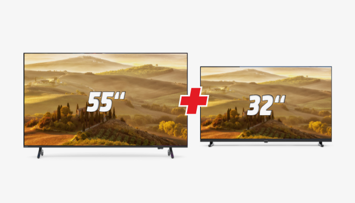 Due TV uno accanto all'altro separato da un "+". Il primo di 55" e il secondo di 32" con sullo sfondo un paesaggio di collina giallo/marrone verde