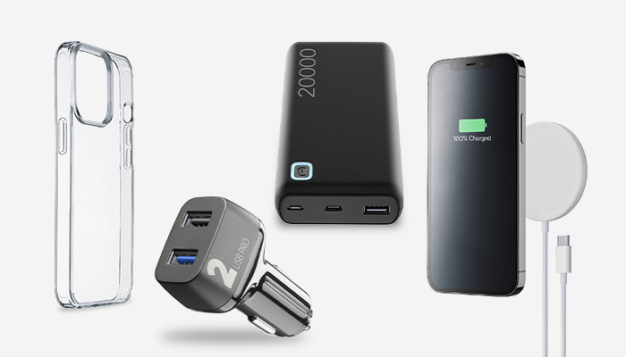 Custodia trasparente, caricatore da auto grigio, power bank nera, telefono nero e caricatore wireless bianco.