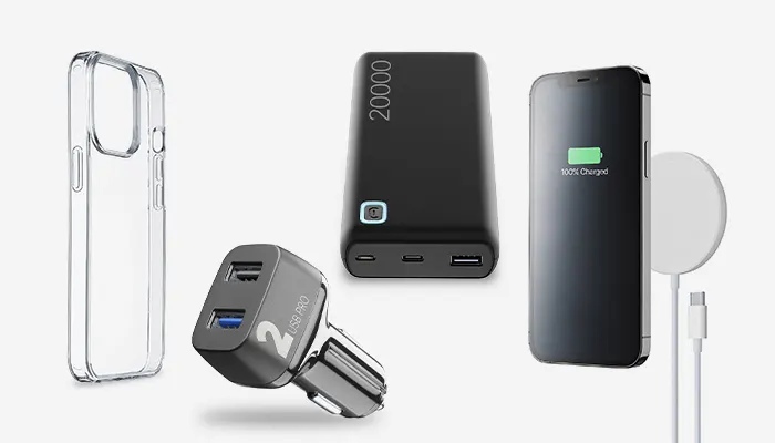 Custodia trasparente, caricatore da auto grigio, power bank nera, telefono nero e caricatore wireless bianco.